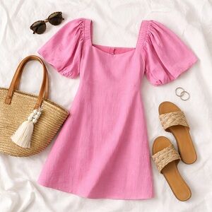 SNDYS x REVOLVE Tuscany Linen Dress Bubblegum Pink Puff Sleeve Mini Large NWT